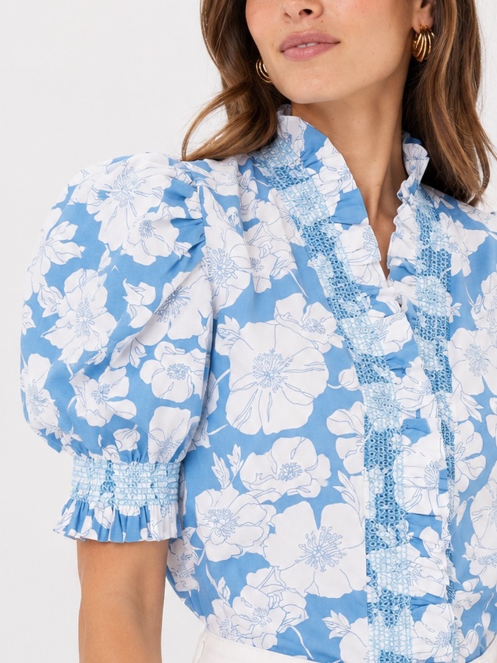 ENGLISH FACTORY Blue Floral Ruffle Neck Aria Blouse - Picture 8 of 9